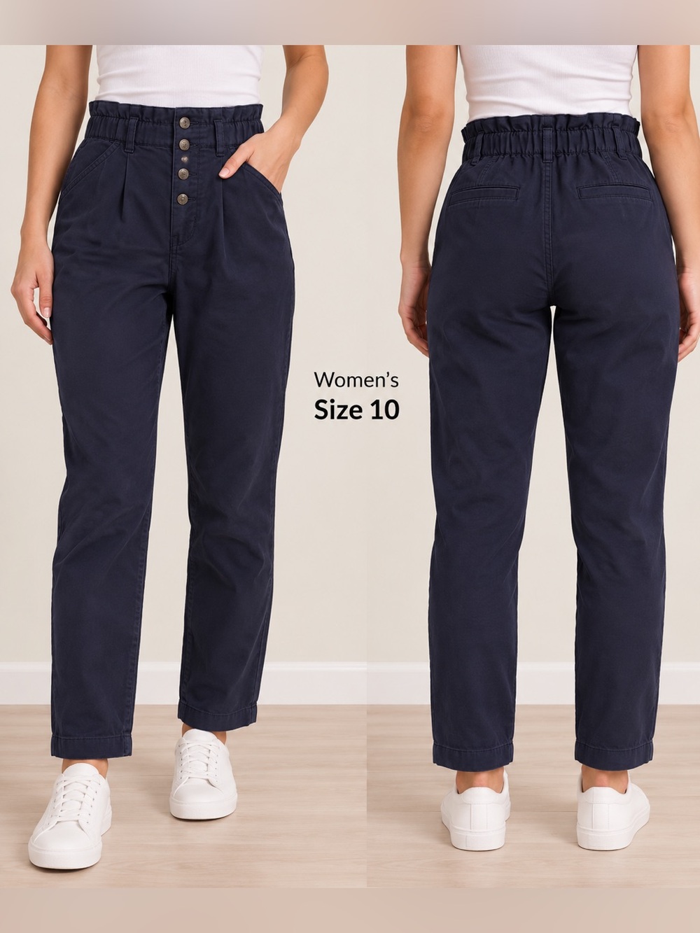 Time and Tru Navy High-Waist Button-Front Straight Leg Pants SIZE 10